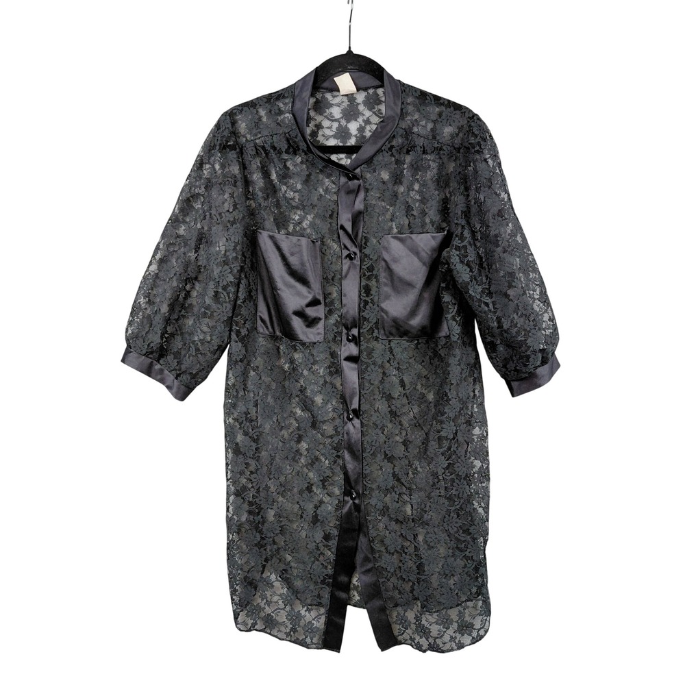 Vintage‎ Black Lace Kimono Robe Duster Sheer Sleeve Satin Trim Women's